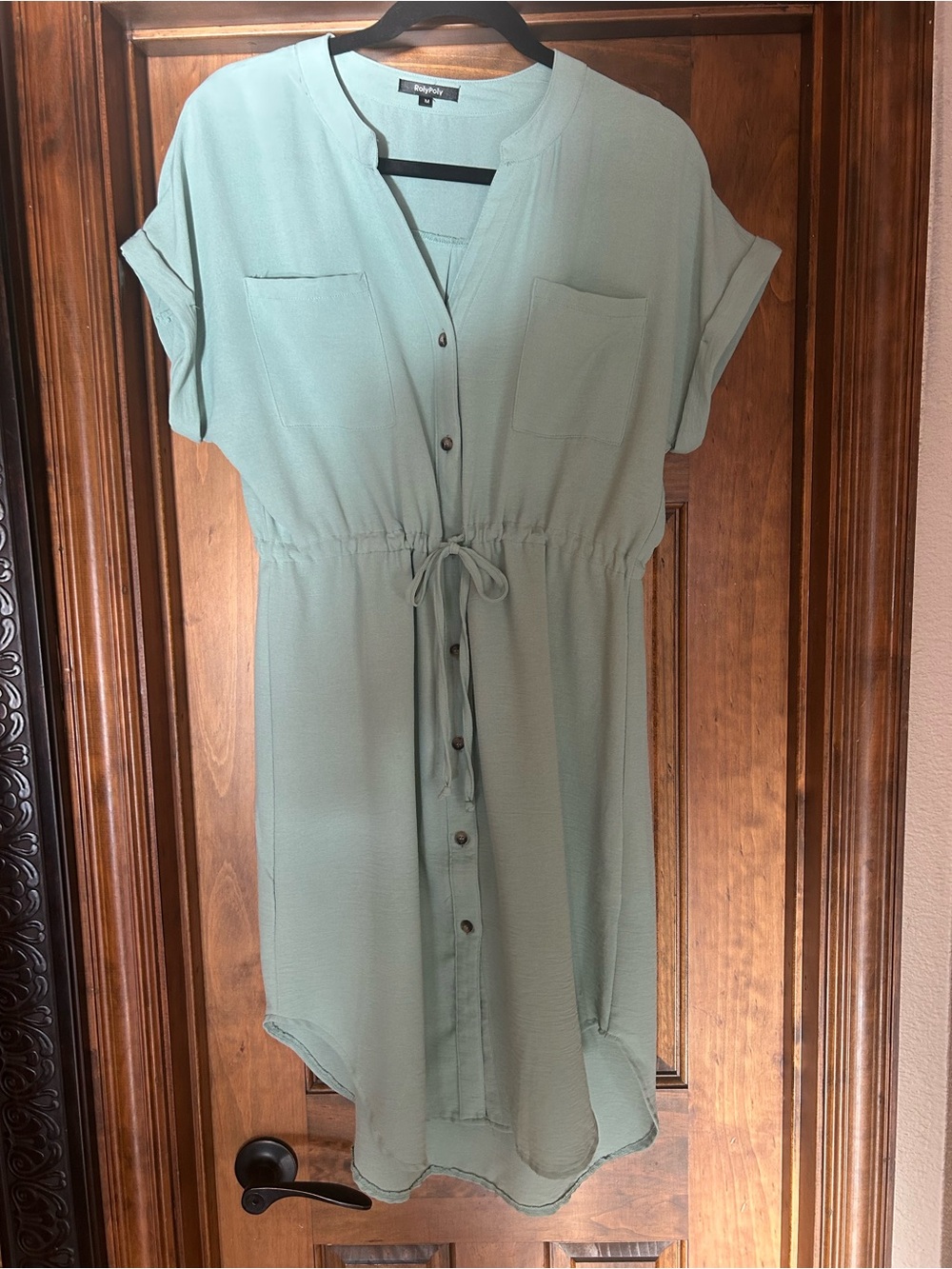 Slip-On Sage Green Drawstring Shirt Dress by RolyPoly